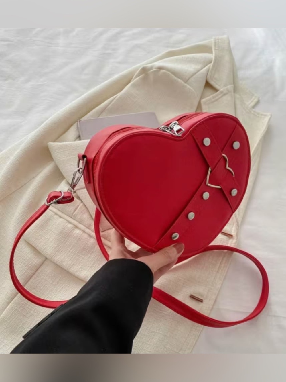 Red Heart Crossbody Bag with Silver Heart and Studs Accents